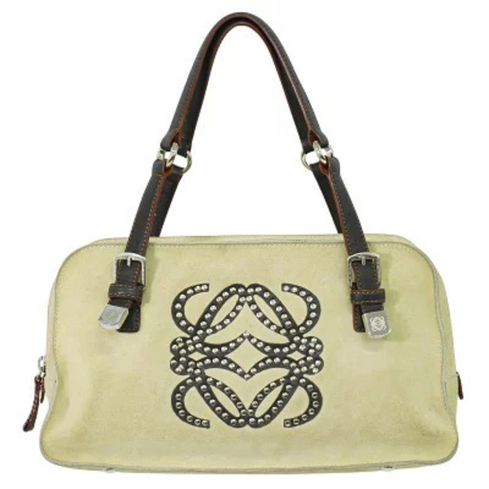 Loewe Anagram Studded Top Handle Bag Suede Leather Beige Brown